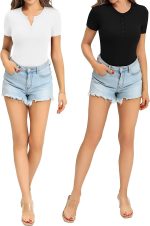 MANGOPOP Women's Round Neck Button Down Short Sleeve Long Sleeve Bodysuit Slim Fit Tops - Image 4
